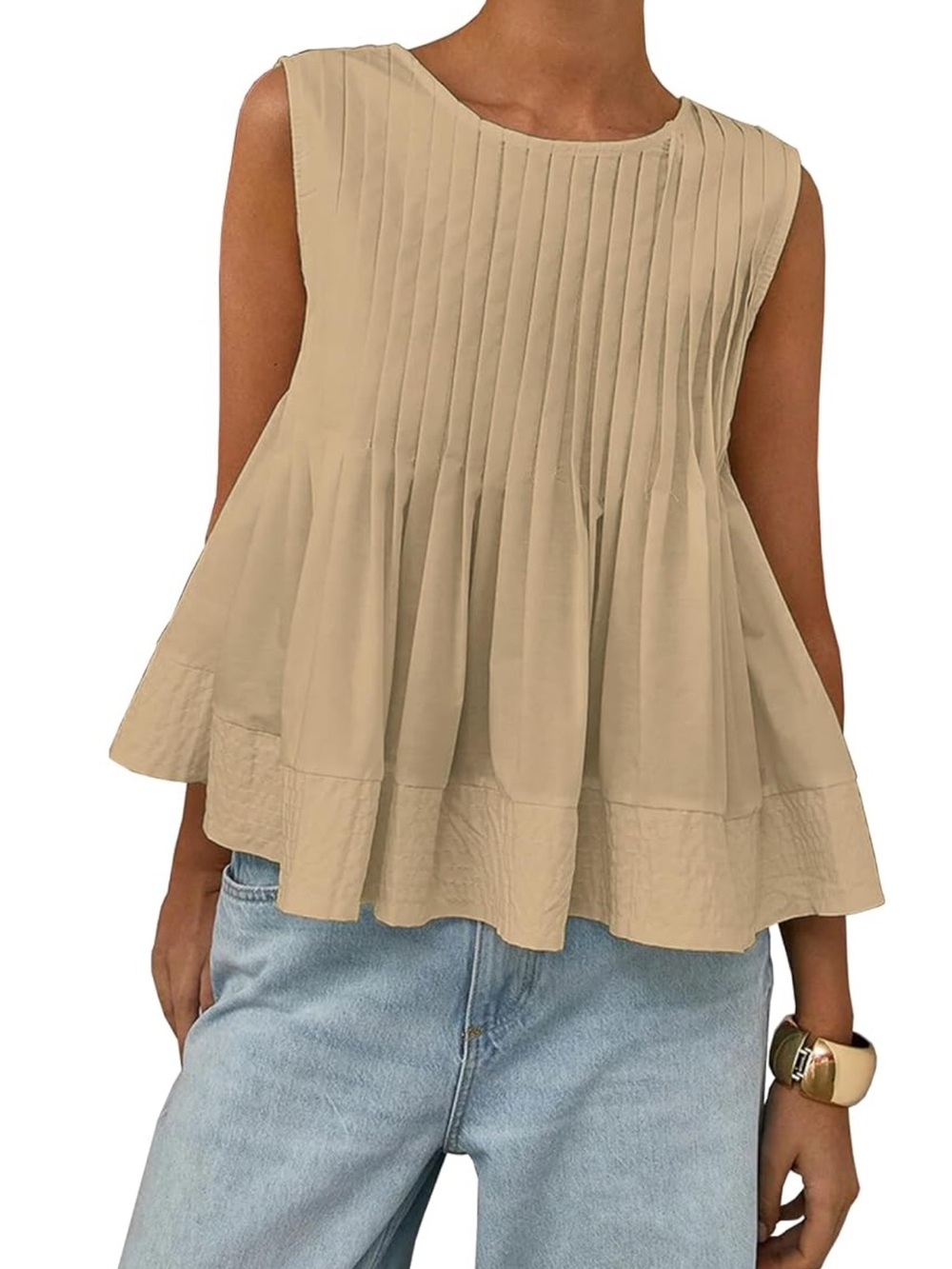 Amazon Sleeveless Pintuck Peplum Top - Beige